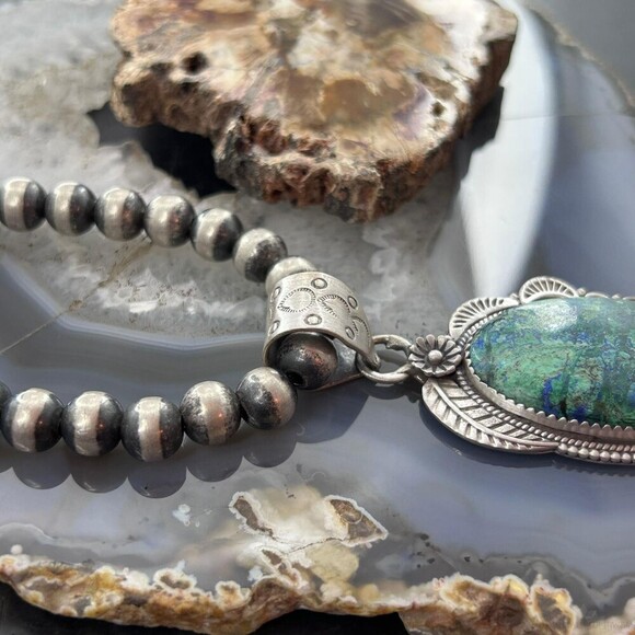 Sterling Southwestern Style Elongated Chrysocolla Decorated Pendant For Women - Picture 5 of 10